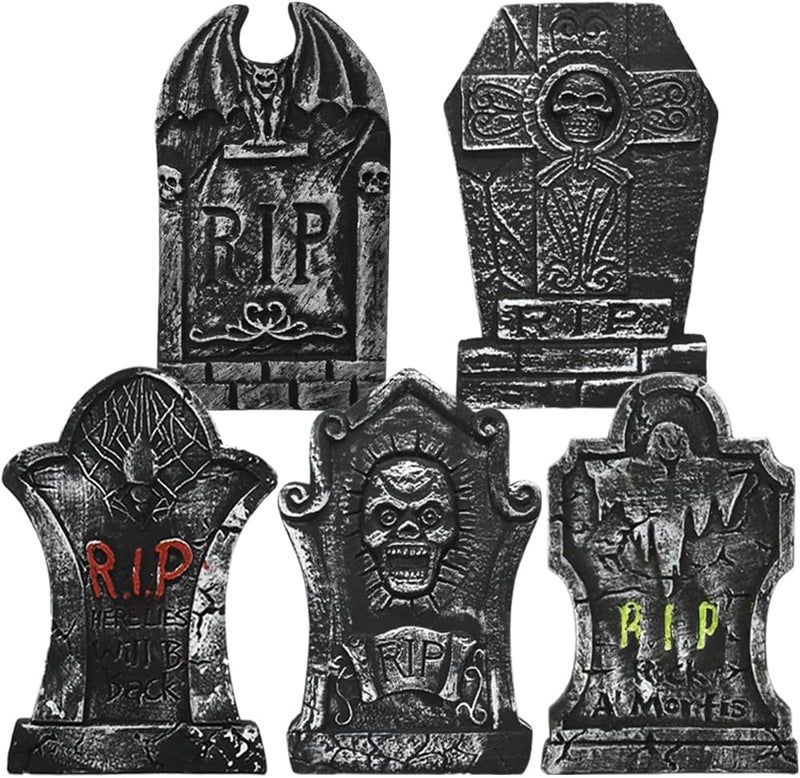 LUKBERA 5Pcs 17" Halloween Foam Tombstones, RIP Graveyard Tombstones with Bonus Metal Stakes Decorations for Halloween Lawn Yard Outdoor, Haunted House Decor - Image 1